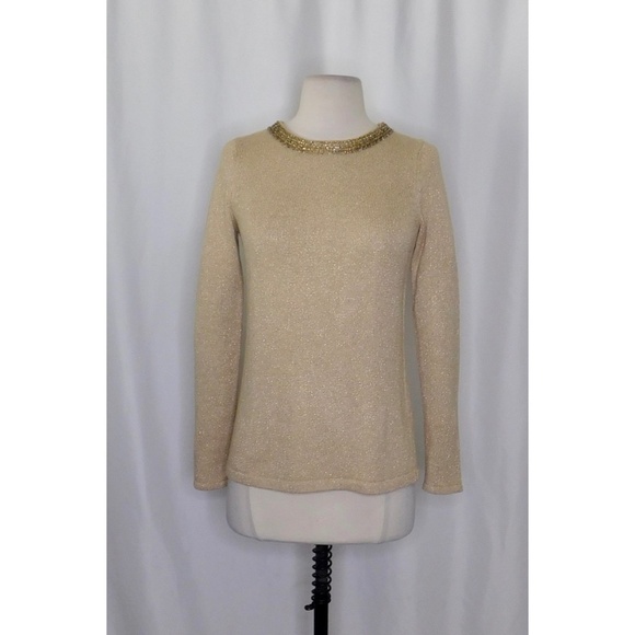 J. MCLAUGHLIN Metallic Gold Beaded Neckline Pullover Sweater Beading X-Small - Picture 3 of 11